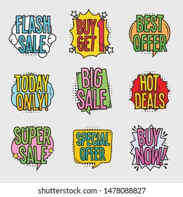 Sale comic bubbles set colorful with halftone effect