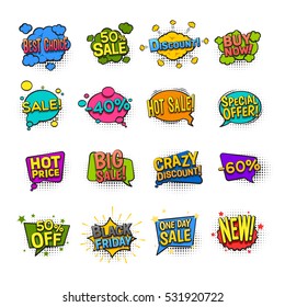 Sale comic icons set with discount symbols flat isolated vector illustration
