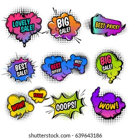 Sale comic style set including various clouds with dot pattern and sound effects isolated vector illustration  