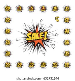 SALE comic text speech bubble with huge discount set. Vector isolated sound effect puff cloud icon.