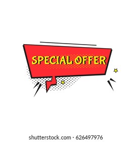 Sale comic text speech. Promo bubble phrase on white background. Vector offer template for social media website, poster, flyer, email, newsletter, advertisement, promotional material.