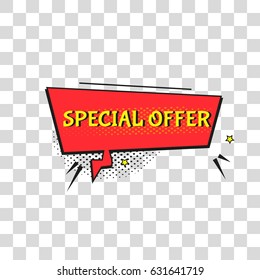 Sale comic text speech. Promo bubble phrase. Vector offer template for social media website, poster, flyer, email, newsletter, advertisement, promotional material.
