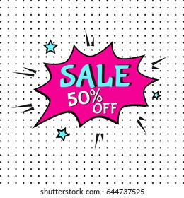 Sale comic text speech. Promo bubble phrase on halftone background. Vector offer template for social media website, poster, flyer, email, newsletter, advertisement, promotional material.