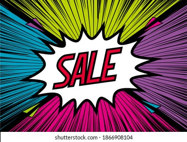 Sale Comics book template background. Pop art colorful backdrop.