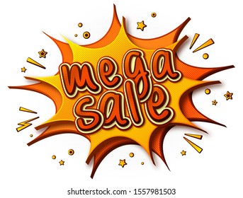 Sale Comics poster. Thought bubble and sound effects. Colorful funny banner in pop art style. Yellow-orange cartoon banner with halftone effect. Vector illustration