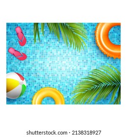 Sale Commercial Creative Promotion Banner Vector. Summer Sale For Selling Slippers, Inflatable Lifebuoy And Ball For Resting At Swimming Pool Advertising Poster. Style Concept Template Illustration