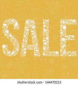 Sale concept background. Word sale made of flowers in yellow flowers. Bright sale banner in vector