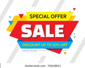 Sale - concept banner vector illustration. Special offer creative layout. Discount up to 50% off. Abstract geometric design.