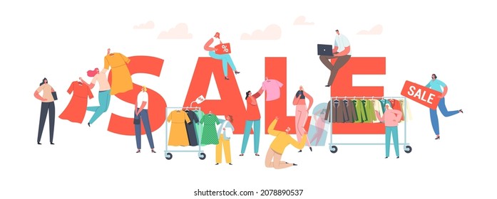 Sale Concept. Buyers Female Characters at Seasonal Discount Cheerful Shopaholic Girls Grab Apparel from Store Hangers, Happy Women Shopping Poster, Banner or Flyer. Cartoon People Vector Illustration