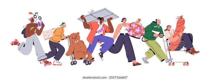 Sale concept. Consumers rushing with bags, boxes, buying goods at discount. People shopping, running with purchases from supermarket store, mall. Flat vector illustration isolated on white background