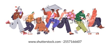 Sale concept. Consumers rushing with bags, boxes, buying goods at discount. People shopping, running with purchases from supermarket store, mall. Flat vector illustration isolated on white background
