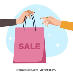 Sale concept. Customer with shopping bag. Discount and special offer. Buyer with purchases. Delivery service. Social media online banner. E-commerce vector cartoon flat illustration