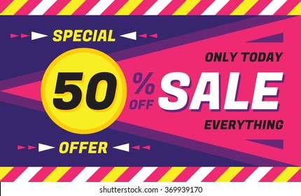 Sale concept geometric vector banner template - special offer - only today 50% off. Abstract background. Discount creative horizontal layout design. Violet and lilac colors. 