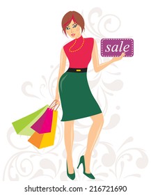Sale concept, girl with shopping bags on floral background