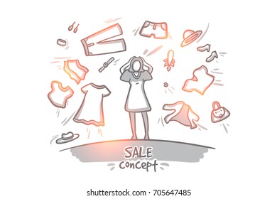 Sale concept. Hand drawn happy woman shopping for clothes. Seasonal sale isolated vector illustration.