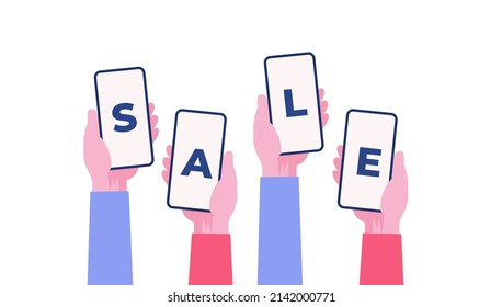 sale concept, hand holding a phone, marketing, shopping, discount, banner, flat illustration vector template
