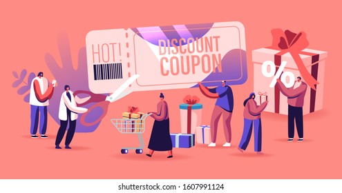 Sale Concept. Happy People Shopping Recreation. Male and Female Characters Buying Things and Presents for Holidays Using Discount Coupon. Consumerism Price Off Promo. Cartoon Flat Vector Illustration