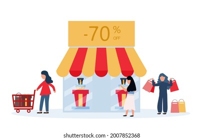 Sale Concept. Happy People Shopping Recreation. Female Characters Buying Things and Presents for Holidays. Consumerism Price Off Promo.