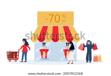 Sale Concept. Happy People Shopping Recreation. Female Characters Buying Things and Presents for Holidays. Consumerism Price Off Promo.
