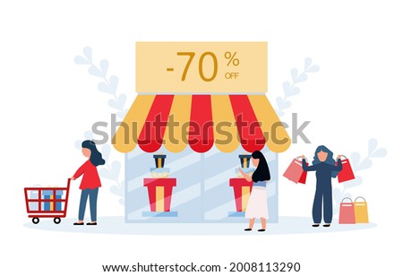 Sale Concept. Happy People Shopping Recreation. Female Characters Buying Things and Presents for Holidays. Consumerism Price Off Promo.
