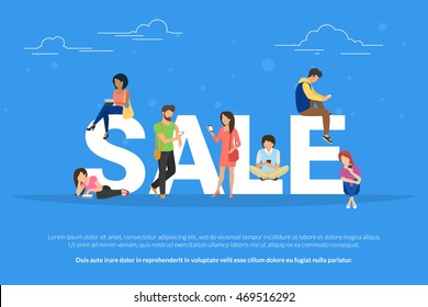 Sale concept illustration of young people using mobile devices such as smartphone and tablet pc to buy clothes online. Flat design of mobile ecommerce for website banner and landing page