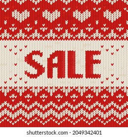 Sale Concept. Knitted red and white christmas sweater texture with SALE letters. Ugly sweater party. Vector illustration