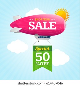 Sale Concept Labels with Airship Zeppelin in Sky Special Offer. Vector illustration