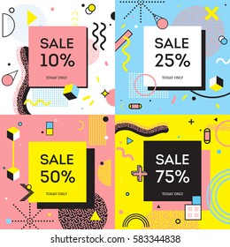 Sale concept in memphis style with percentage of discount on background with geometric shapes isolated vector illustration