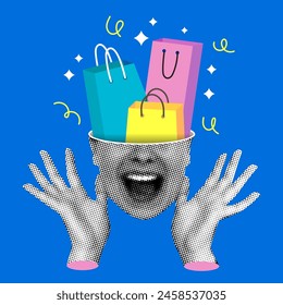 Sale concept. Modern collage. Halftone woman screaming with delight. Shopping bags sticking out of a woman's head. Trendy vintage newspaper parts. Anticipation of holidays and gifts. Shopping concept