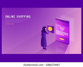 Sale concept modern style, consumerism and people concept. Young woman shop online using smartphone. Can be used for web, graphic design and brochure. vector illustration design.
