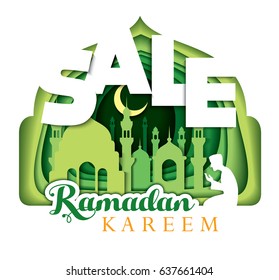 Sale Concept Ramadan Kareem with mosque for the celebration of Muslim community festival. Paper art Carving. Vector illustration.