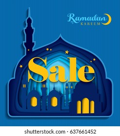 Sale Concept Ramadan Kareem with mosque for the celebration of Muslim community festival. Paper art Carving. Vector illustration.