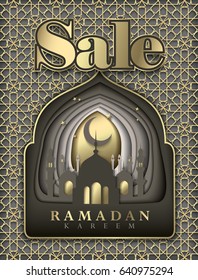 Sale Concept Ramadan Kareem with mosque for the celebration of Muslim community festival. Paper art Carving. Vector illustration.