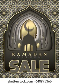 Sale Concept Ramadan Kareem with mosque for the celebration of Muslim community festival. Paper art Carving. Vector illustration.
