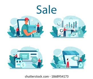 Sale concept set. Business planning and development. Sales promotion and stimulation for comercial profit. Flat vector illustration