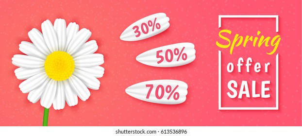 Sale concept. Spring background with flower chamomile and petals. Template for banners, header, flyer, voucher and other print or web materials. Vector design illustration.