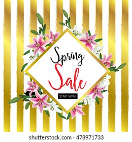 Sale Concept. Spring background with lily flowers. Template Vector.
