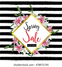Sale Concept. Spring background with lily flowers. Template Vector.