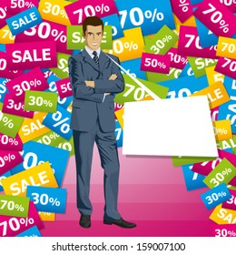 Sale concept. Vector business man in suit with folded hands. All layers well organized and easy to edit