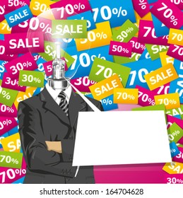 Sale concept. Vector business man in suit with folded hands. All layers well organized and easy to edit