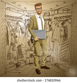 Sale concept. Vector hipster business man with laptop in his hands