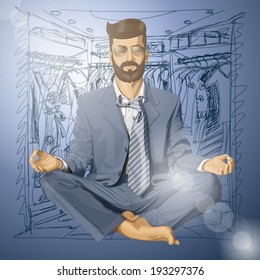 Sale concept. Vector hipster businessman in lotus pose meditating