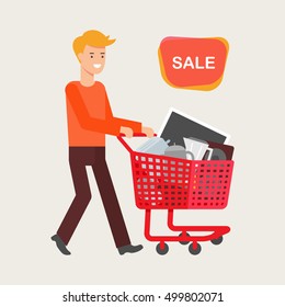 Sale concept. Vector illustration of a man with a shopping cart full of electronic devices