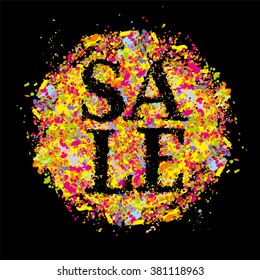 Sale concept vector leaflet - % off. Vector banner design. Abstract background. Super big sale creative layout. Drops of colored paint