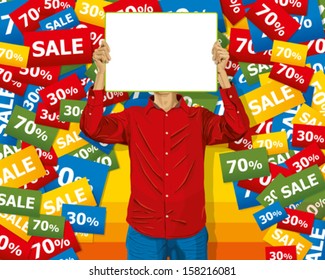 Concepto de venta. Vector Man con tablero de escritura en sus manos contra su cabeza