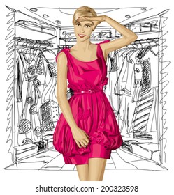 Sale concept. Vector surprised blonde in pink dress