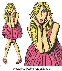 Sale concept. Vector surprised blonde in pink dress