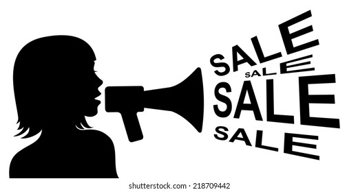 sale concept, woman shouting with megaphone 