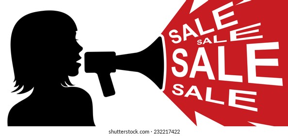 sale concept, woman shouting with megaphone