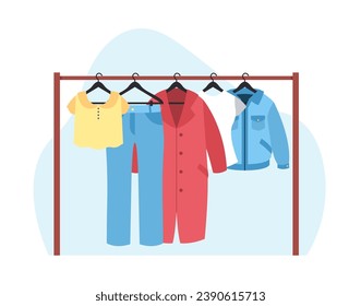Sale concept, womens clothes hanging on rack. Coat, cotton t-shirt and pants, modern jacket in wardrobe. Female fashion apparel. Discount textile. Cartoon flat isolated vector illustration